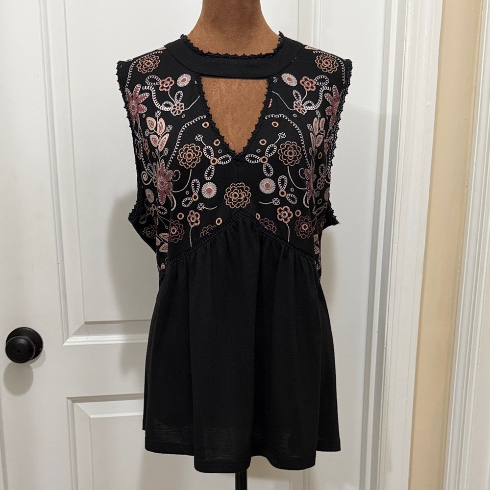 Tempted Black Sleeveless Blouse with  Floral Designs
